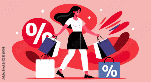 Wallpaper Mural Smiling woman carrying shopping bags with sale percentage signs in the background, vector illustration Torontodigital.ca