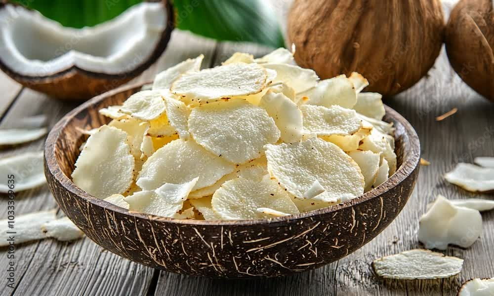 A bowl of coconut chips, highlighting a healthy snack option. A bowl of coconut chips, highlighting a healthy snack option.
