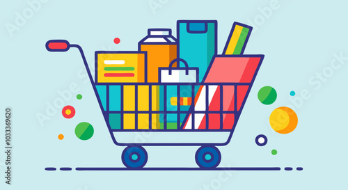 Shopping cart filled with products in flat vector style