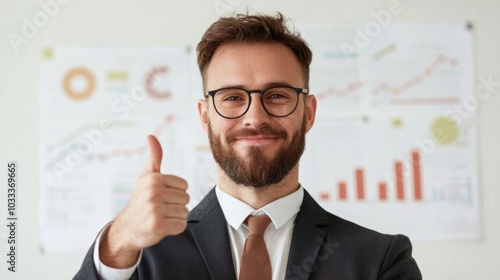 Successful Sales Manager giving Thumb Up in Modern Office with Sales Charts and Marketing Materials.