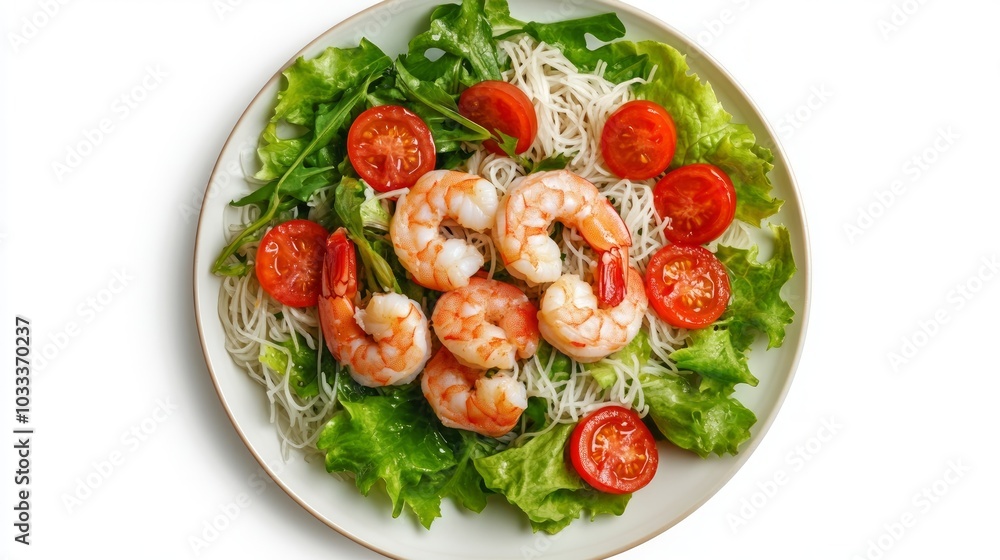A plate of rice noodles with shrimp, cherry tomatoes, and lettuce on a white background. A plate of rice noodles with shrimp, cherry tomatoes, and lettuce on a white background.