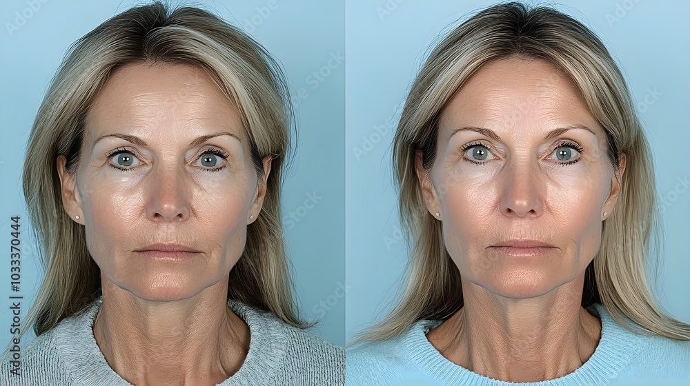 Clear before-and-after images of a facelift patient, showcasing reduced wrinkles and rejuvenated look, soft lighting, Photorealistic, Clean Background Clear before-and-after images of a facelift patient, showcasing reduced wrinkles and rejuvenated look, soft lighting, Photorealistic, Clean Background