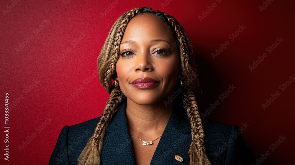 Confident Woman With Braids Against Red Background Portrait Studio Shot Confident Woman With Braids Against Red Background Portrait Studio Shot