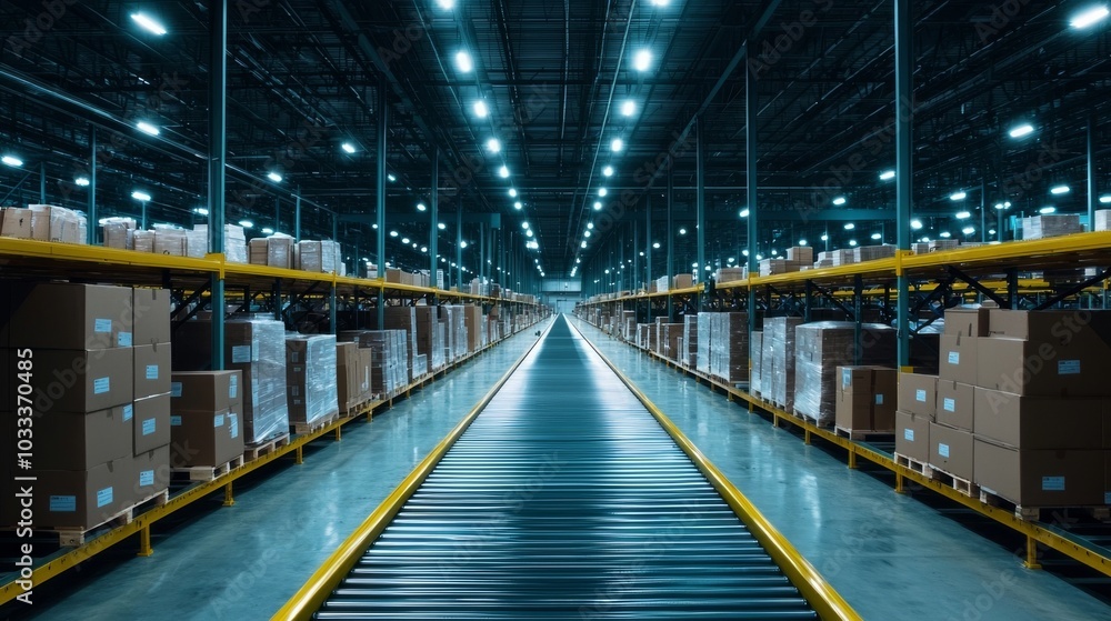 Fototapeta premium Conveyor Belt in a Modern Warehouse.