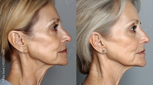 Visual side-by-side showing skin laxity pre-facelift, with the post-facelift image revealing lifted cheeks, smoother jawline, and firmer overall skin