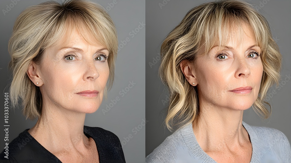 Detailed before-and-after facelift photos, showcasing the reshaped jawline and fuller, youthful cheeks achieved through cosmetic enhancement Detailed before-and-after facelift photos, showcasing the reshaped jawline and fuller, youthful cheeks achieved through cosmetic enhancement