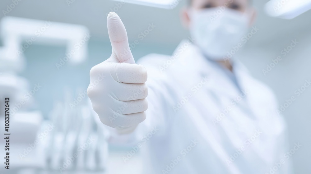 Bright Dental Office with Happy Dental Hygienist Giving Thumbs Up Among Organized Patient Care Equipment - Ultra-Detailed Dentistry Scene Bright Dental Office with Happy Dental Hygienist Giving Thumbs Up Among Organized Patient Care Equipment - Ultra-Detailed Dentistry Scene