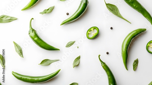 green hot chili peppers with slices isolated on white background top view. 