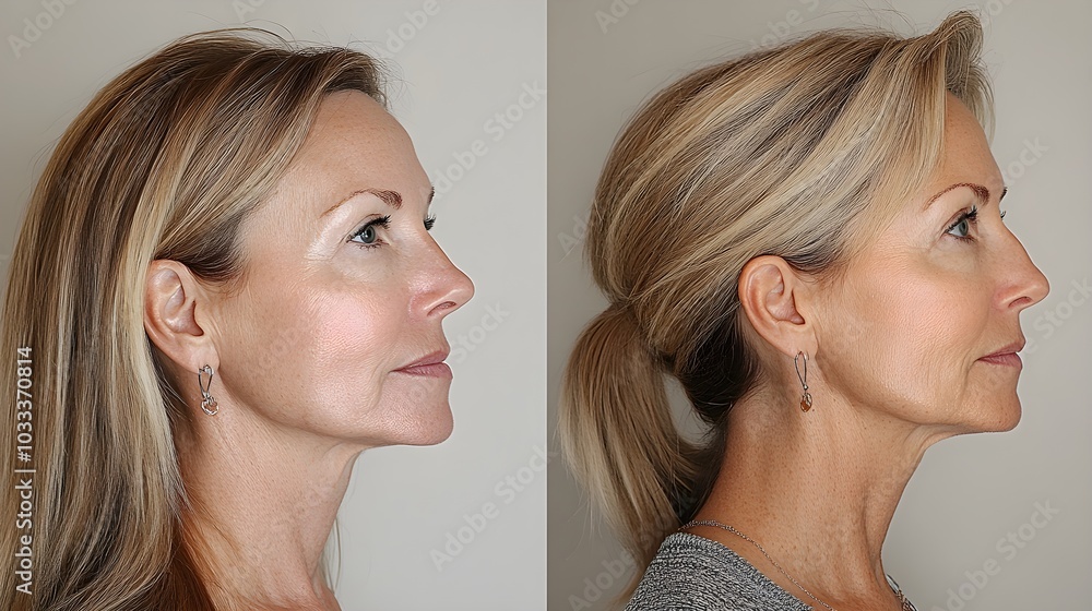 Side-by-side comparison photo of a woman's face pre- and post-facelift, showing looser skin before and significantly firmer, youthful skin after the procedure Side-by-side comparison photo of a woman's face pre- and post-facelift, showing looser skin before and significantly firmer, youthful skin after the procedure