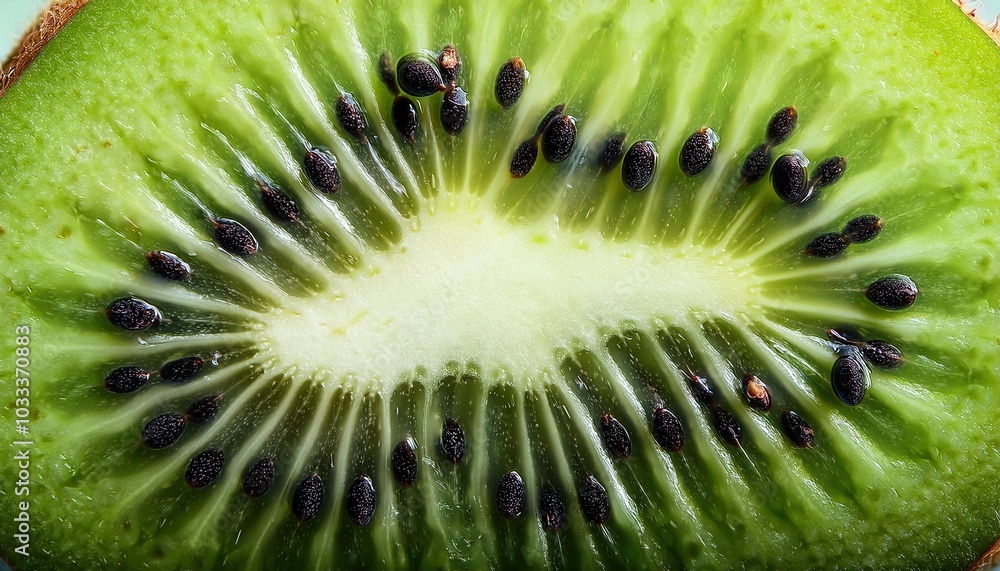 Macro Shot of a Freshly Sliced Kiwi Fruit Highlighting the Vivid Green Flesh, Juicy Black Seeds, and Intricate Radial Texture. Perfect for Health, Wellness, and Nutritional Imagery Macro Shot of a Freshly Sliced Kiwi Fruit Highlighting the Vivid Green Flesh, Juicy Black Seeds, and Intricate Radial Texture. Perfect for Health, Wellness, and Nutritional Imagery