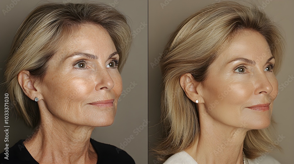 A patient's facelift transformation, showing drooping skin and wrinkles before, with after photos revealing smooth, firm skin and enhanced facial contours A patient's facelift transformation, showing drooping skin and wrinkles before, with after photos revealing smooth, firm skin and enhanced facial contours
