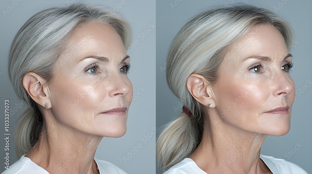 Facelift before-and-after, highlighting the difference in skin firmness and overall smoothness, with sagging areas lifted and wrinkles reduced post-surgery Facelift before-and-after, highlighting the difference in skin firmness and overall smoothness, with sagging areas lifted and wrinkles reduced post-surgery