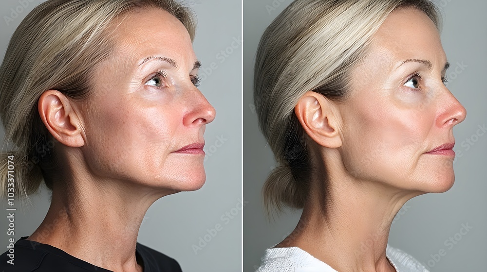 Close-up comparison of a facelift treatment, showcasing the sagging jawline and hollow cheeks before, with a sharper, more defined jaw and fuller cheeks after Close-up comparison of a facelift treatment, showcasing the sagging jawline and hollow cheeks before, with a sharper, more defined jaw and fuller cheeks after