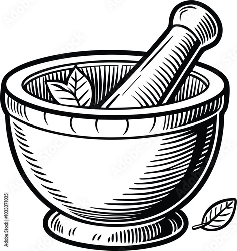 Black and White Engraving of a Mortar and Pestle on White Background.