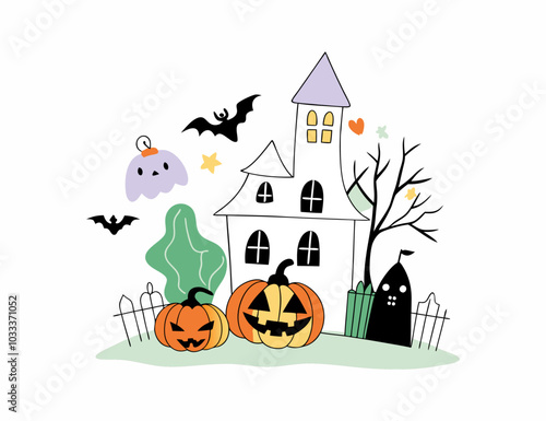 Halloween Haunted House with Pumpkins and Ghosts, Cartoon Vector