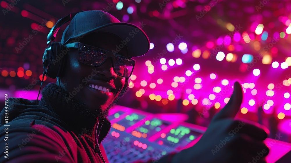 Energized Event Technician with Thumbs Up at Vibrant Concert Venue Surrounded by Sound Equipment and Stage Lights Creating a Lively Atmosphere Energized Event Technician with Thumbs Up at Vibrant Concert Venue Surrounded by Sound Equipment and Stage Lights Creating a Lively Atmosphere