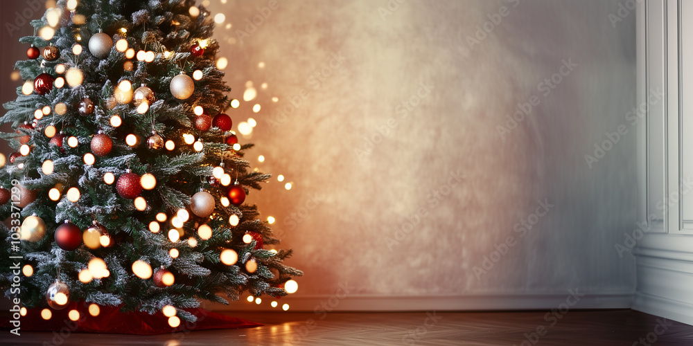 A tall Christmas tree adorned with glowing baubles and fairy lights sits in a cozy room on the left, with ample copy space on the right and a soft festive backdrop, perfect for holiday presentations. A tall Christmas tree adorned with glowing baubles and fairy lights sits in a cozy room on the left, with ample copy space on the right and a soft festive backdrop, perfect for holiday presentations.