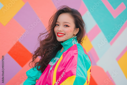 Portrait of a smiling young Asian woman with long dark hair wearing a colorful jacket against a vibrant geometric background