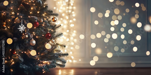 A tall Christmas tree adorn...