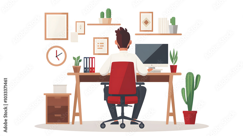 A businessman is seated in a red chair behind a desk in his office, which has a wall clock and a cactus. Character design isolated white in a vector flat illustration. businessperson using a computer A businessman is seated in a red chair behind a desk in his office, which has a wall clock and a cactus. Character design isolated white in a vector flat illustration. businessperson using a computer