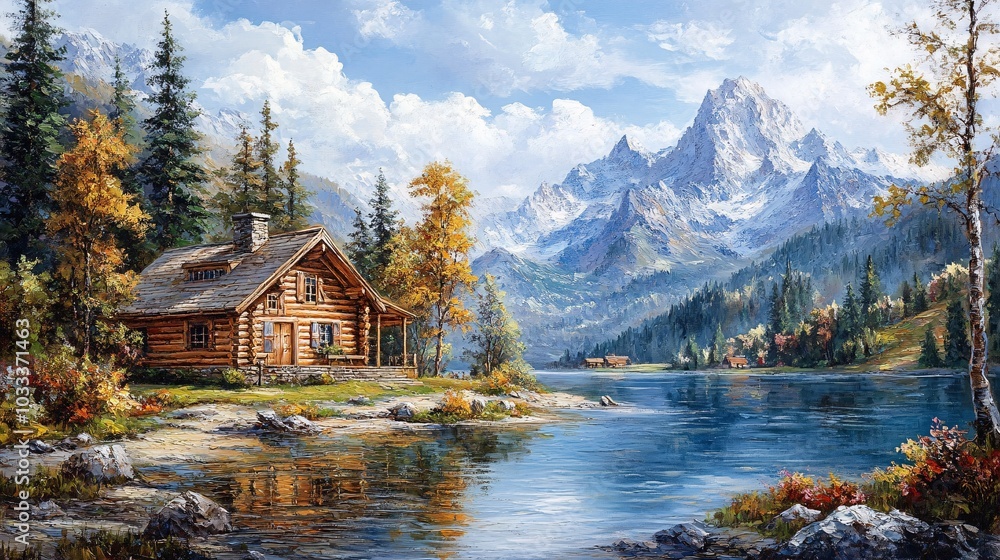 Fototapeta premium Oil painting on canvas summer landscape with wooden old house near river, beautiful flowers and trees. Nature landscape. Painting art