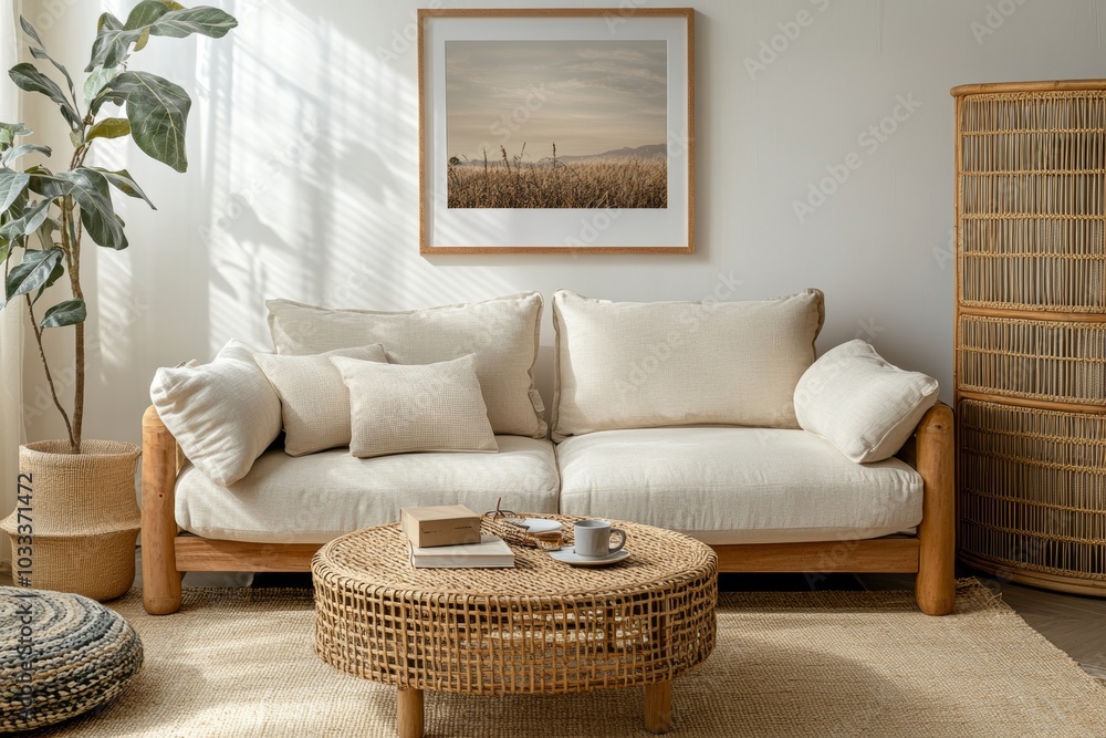 Fototapeta premium Interior design of cozy living room with mock up poster frame, bed, beige bedding, wooden sideboard, black desk, lamp, blue wall, brown plaid and personal accessories. Home decor, Generative AI