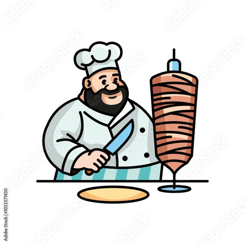 Happy Chef Preparing Shawarma, Fun Food Illustration of a Smiling Cook Making Middle Eastern Street Food