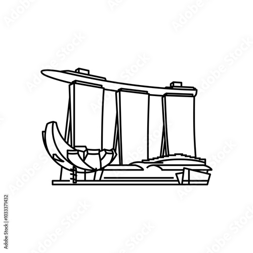 Icon of Marina Bay, Singapore, Black and White Line Illustration