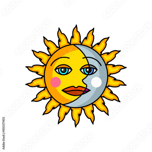 Sun and Moon Opposing Each Other Icon, Colorful Symbol of Day and Night
