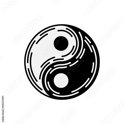 Yin-Yang Icon in Monochrome Line Art, Traditional Chinese Symbol of Harmony and Balance