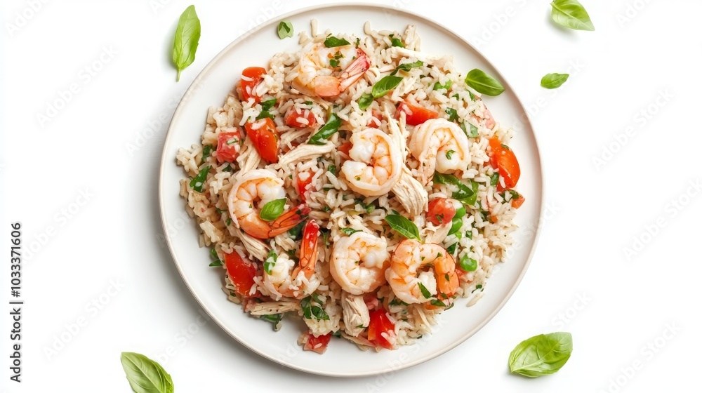 A plate of rice with shrimp, bell peppers, chicken and basil on a white background. A plate of rice with shrimp, bell peppers, chicken and basil on a white background.