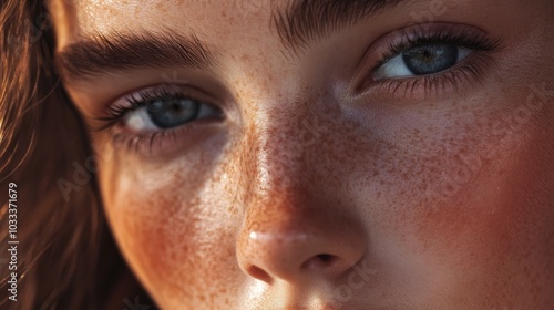 Close Up of Woman's Face with Freckles and Blue Eyes.