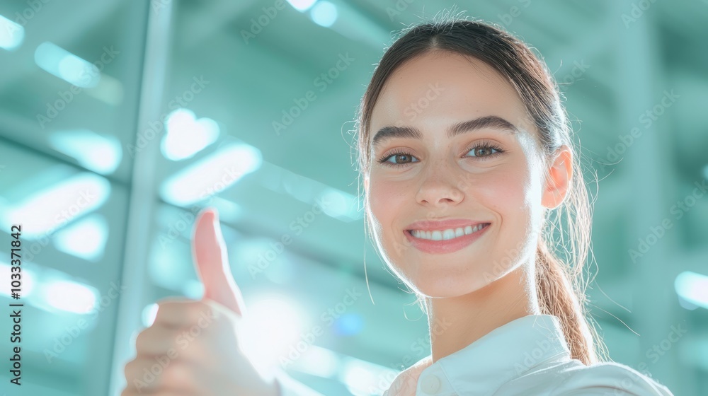 Professional Insurance Agent Giving Thumbs Up in Welcoming Office with Client Folders and Marketing Materials, Ultra-Detailed Shot Professional Insurance Agent Giving Thumbs Up in Welcoming Office with Client Folders and Marketing Materials, Ultra-Detailed Shot