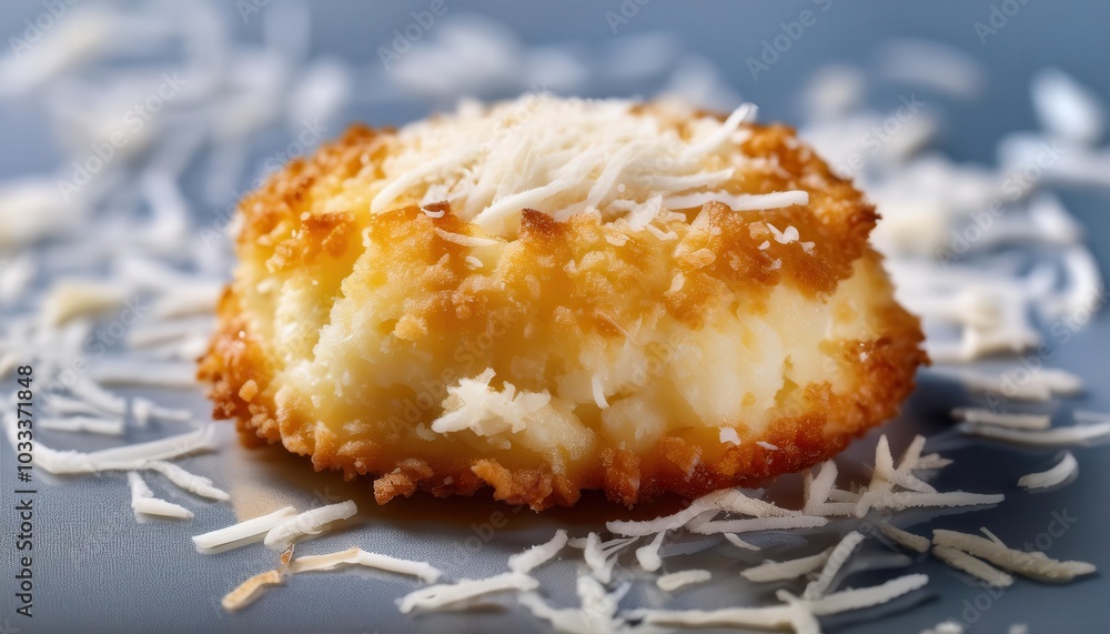 Close-Up of a Golden Coconut Macaroon Cookie with Toasted Shreds. Ideal for Holiday Baking, Desserts, and Tropical Themed Menus, Highlighting Its Crispy Exterior and Soft Chewy Center Close-Up of a Golden Coconut Macaroon Cookie with Toasted Shreds. Ideal for Holiday Baking, Desserts, and Tropical Themed Menus, Highlighting Its Crispy Exterior and Soft Chewy Center