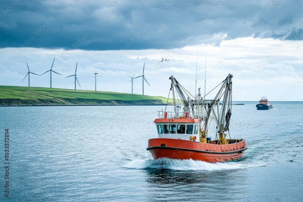 A vibrant fishing boat sails through calm waters. Wind turbines stand tall in the background. This scene captures a blend of nature and technology. Generative AI. A vibrant fishing boat sails through calm waters. Wind turbines stand tall in the background. This scene captures a blend of nature and technology. Generative AI.