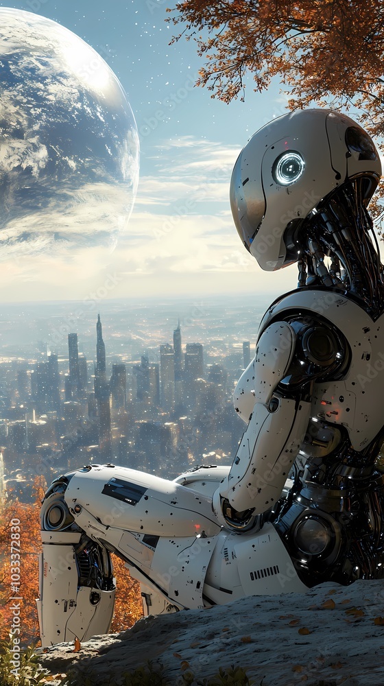 Fototapeta premium A futuristic robot contemplating a cityscape under a distant planet.