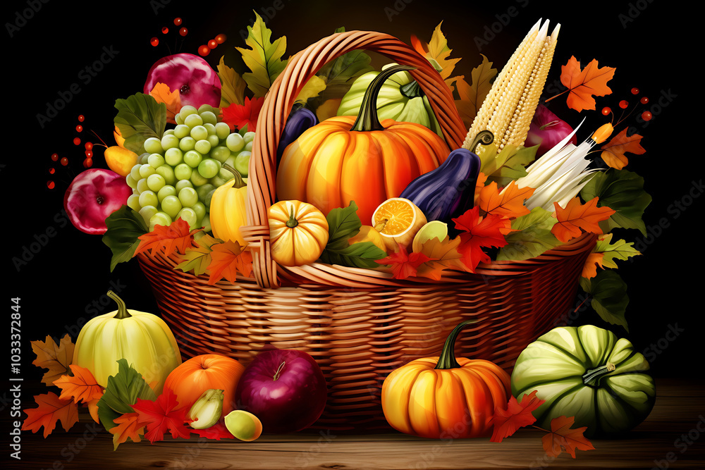 vibrant basket filled with autumn vegetables and fruits, celebrating season