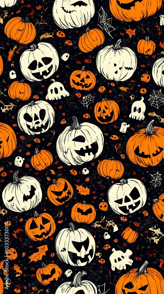Colorful Halloween pumpkins and spooky elements on a black background. Colorful Halloween pumpkins and spooky elements on a black background.
