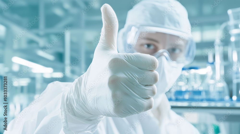 Enthusiastic Researcher in High-Tech Laboratory Giving Thumbs Up - Concept of Innovation and Achievement in Science Enthusiastic Researcher in High-Tech Laboratory Giving Thumbs Up - Concept of Innovation and Achievement in Science