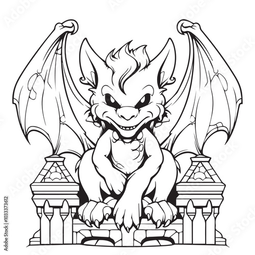 gargoyle mythical creature guard dog guarding door line art for coloring kids halloween scary black isolated on white for high quality print coloring book tattoo style illustration