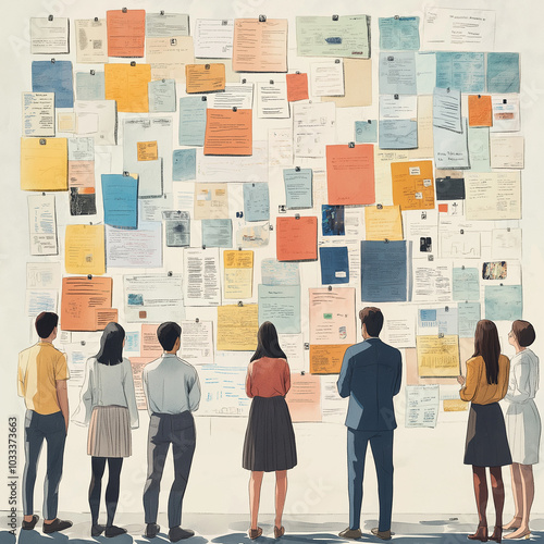 A group of people standing in front of a large bulletin board filled with job postings