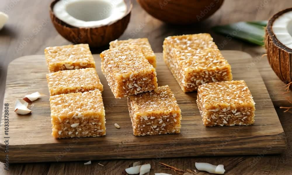 A wooden board displays coconut bars made from natural ingredients, inviting a healthy snack choice. A wooden board displays coconut bars made from natural ingredients, inviting a healthy snack choice.