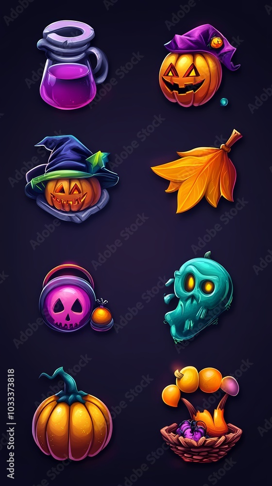 Colorful Halloween-themed icons featuring pumpkins, skulls, and spooky items. Colorful Halloween-themed icons featuring pumpkins, skulls, and spooky items.