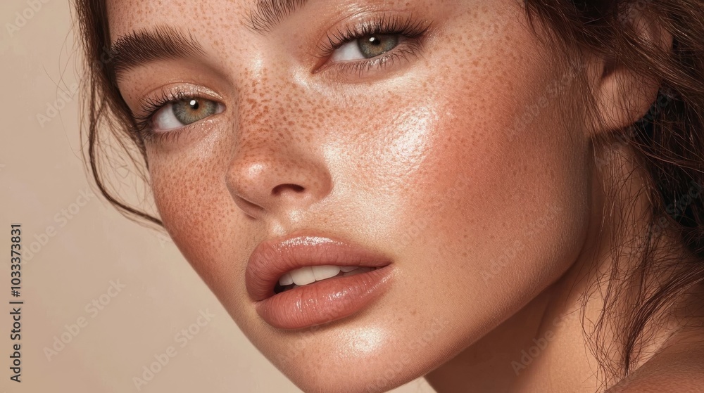 Close-up of a woman's face with freckles and glowing skin. Close-up of a woman's face with freckles and glowing skin.