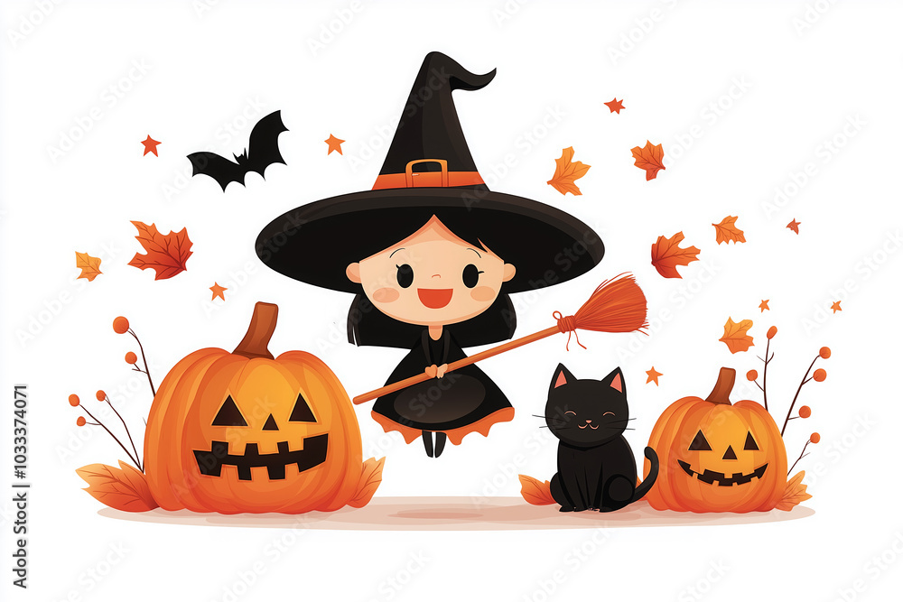 Cute cartoon witch with broom, black cat, pumpkin and bats on white background. Halloween poster Cute cartoon witch with broom, black cat, pumpkin and bats on white background. Halloween poster