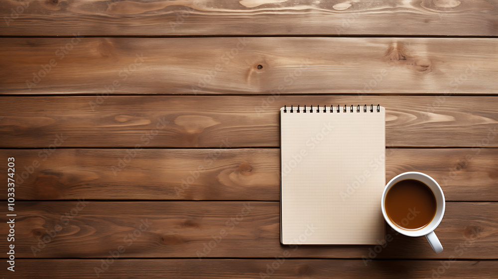 cozy workspace with coffee cup and notepad on wooden table cozy workspace with coffee cup and notepad on wooden table