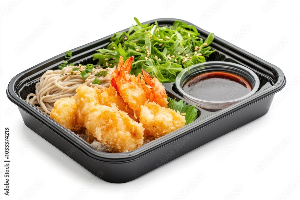 Delicious bento box featuring soba noodles, crispy tempura, and savory dipping sauce for a perfect meal. Delicious bento box featuring soba noodles, crispy tempura, and savory dipping sauce for a perfect meal.