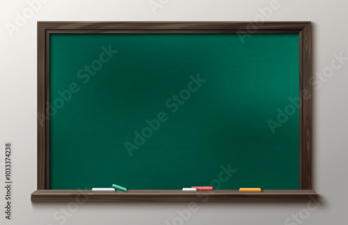 School blackboard isolated on wall background. Vector realistic illustration of brown chalkboard with pieces of chalk on shelf, office presentation or classroom interior element, education equipment