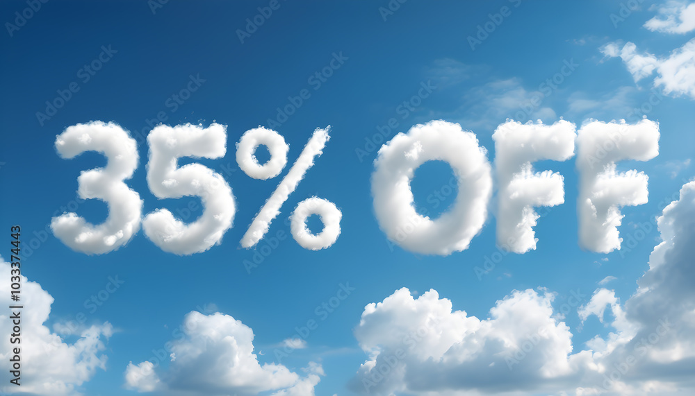 '35% Off' sale promotion background, bright blue sky with fluffy clouds for promoting discounts, sales e-commerce platforms website cover banner header poster design '35% Off' sale promotion background, bright blue sky with fluffy clouds for promoting discounts, sales e-commerce platforms website cover banner header poster design