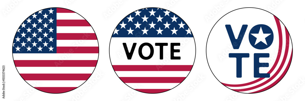 Set of round abstract badge with the US flag and the text VOTE for the Presidential election in USA. Vector illustration Set of round abstract badge with the US flag and the text VOTE for the Presidential election in USA. Vector illustration